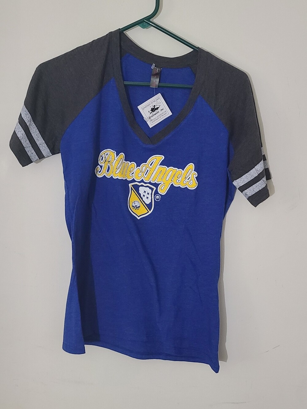 Blue Angels V-Neck Raglan Royal Blue & Charcoal Medium T-Shirt NWT